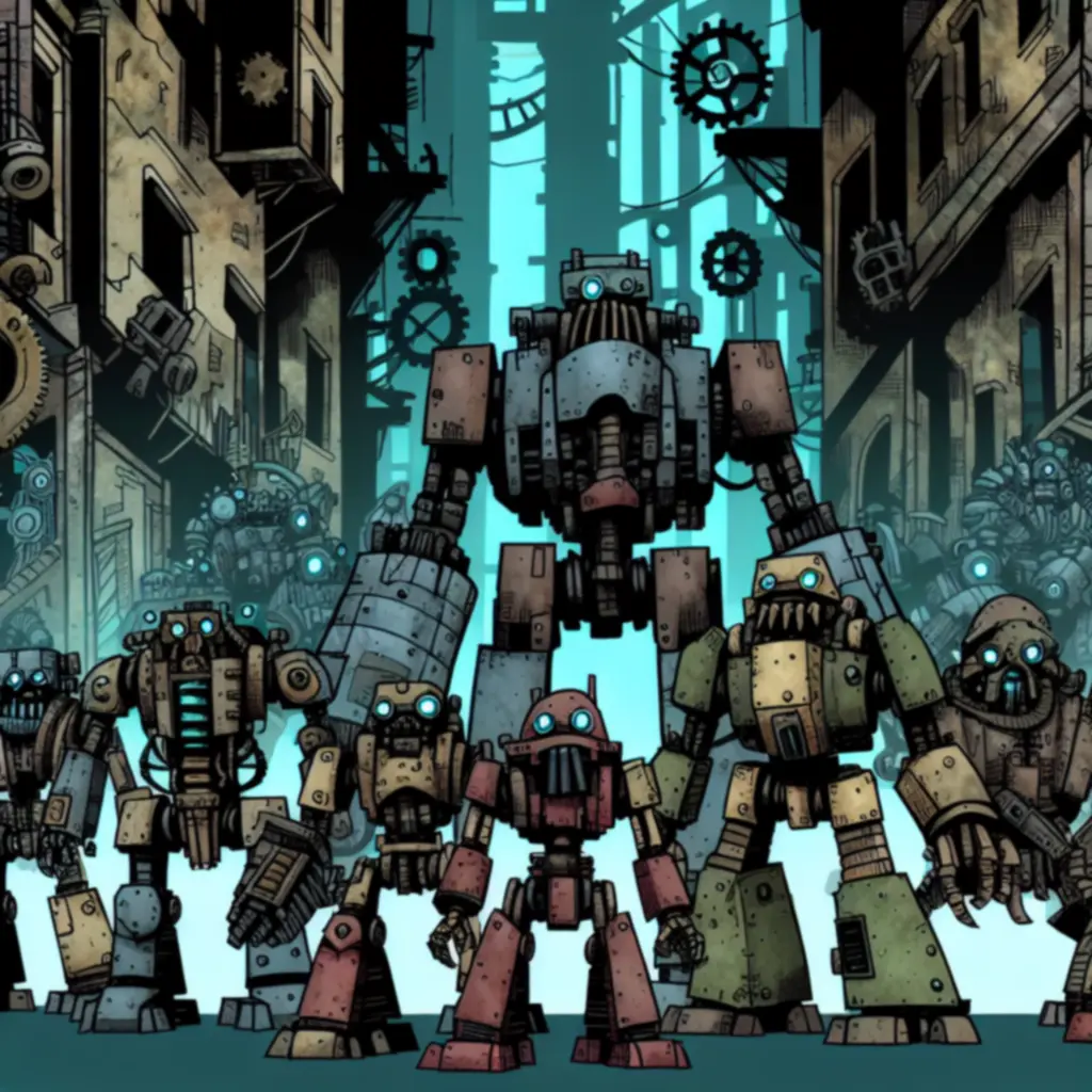 Grupa ponurych robotów z czarnymi czapkami w ciemnej alejce Machinarium