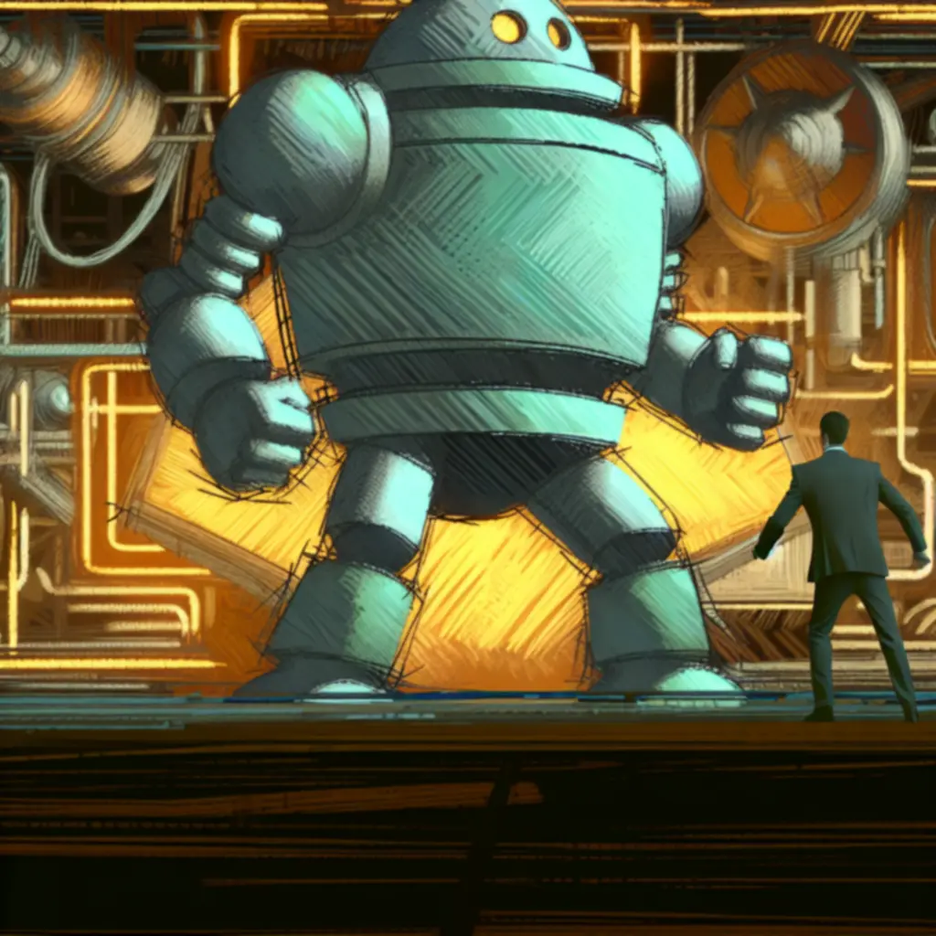 Scena z Machinarium przedstawiająca napięte starcie małego robota z większym mechanicznym przeciwnikiem.