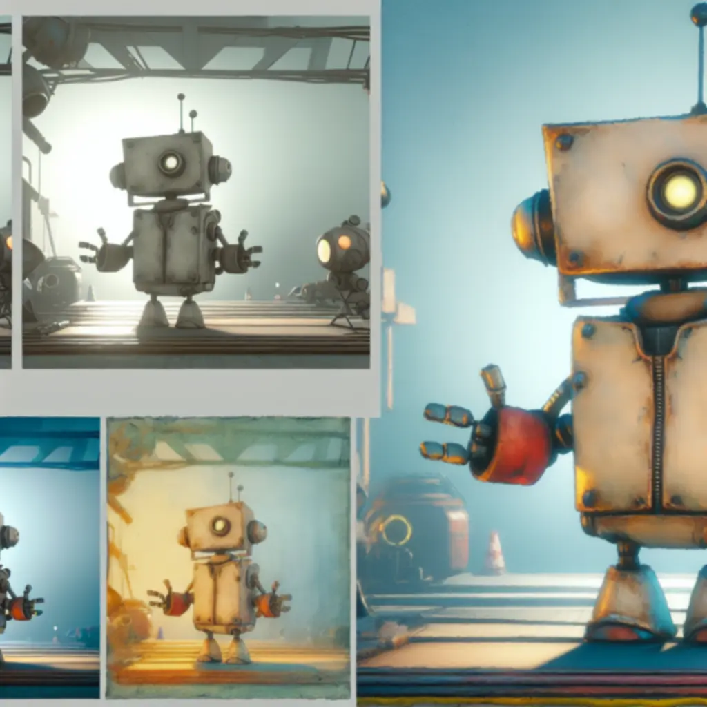Robot Josef na tle industrialnego miasta w grze Machinarium