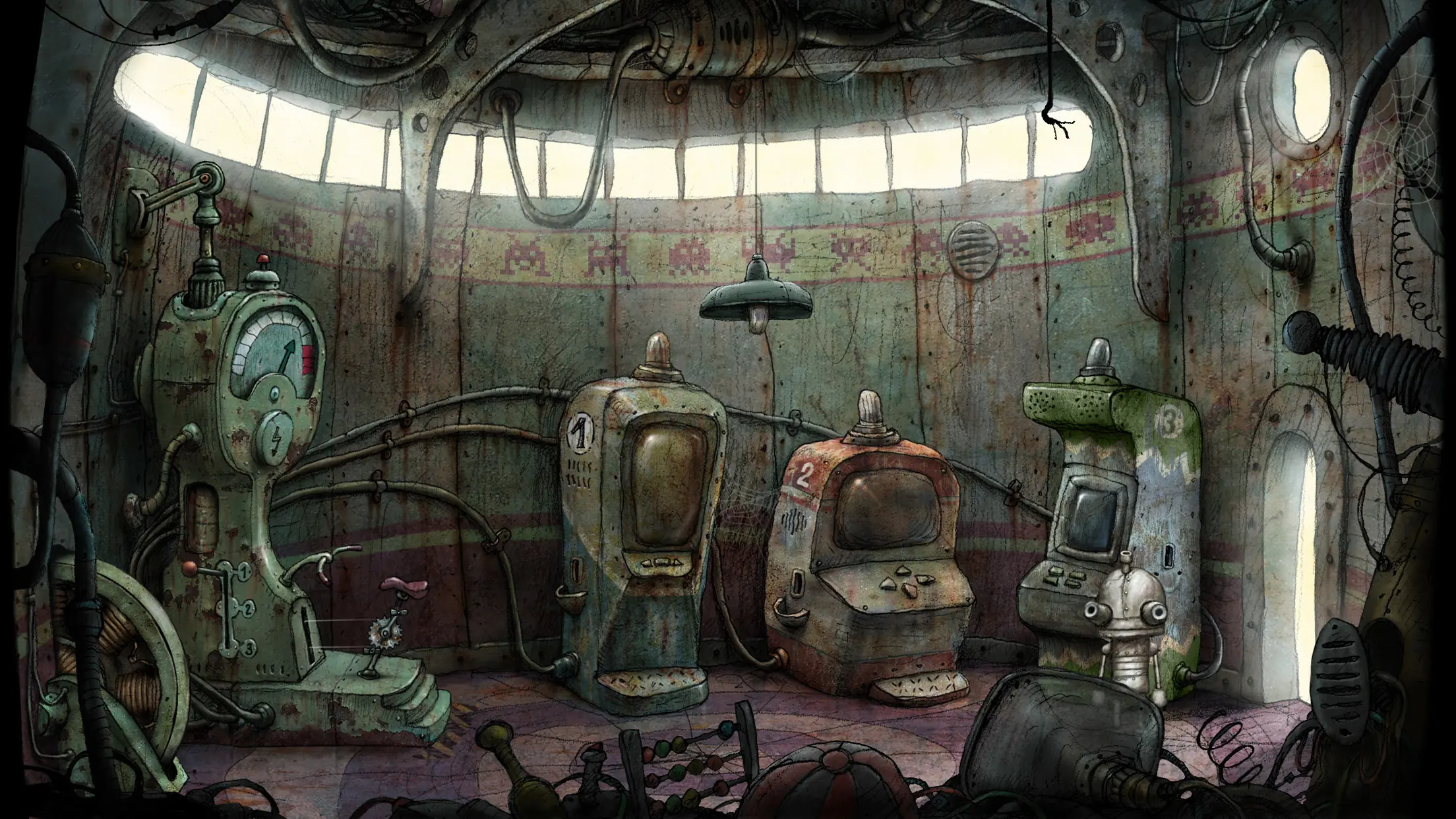 Zbliżenie na ręcznie rysowaną, przemysłową teksturę w stylu steampunk z gry Machinarium