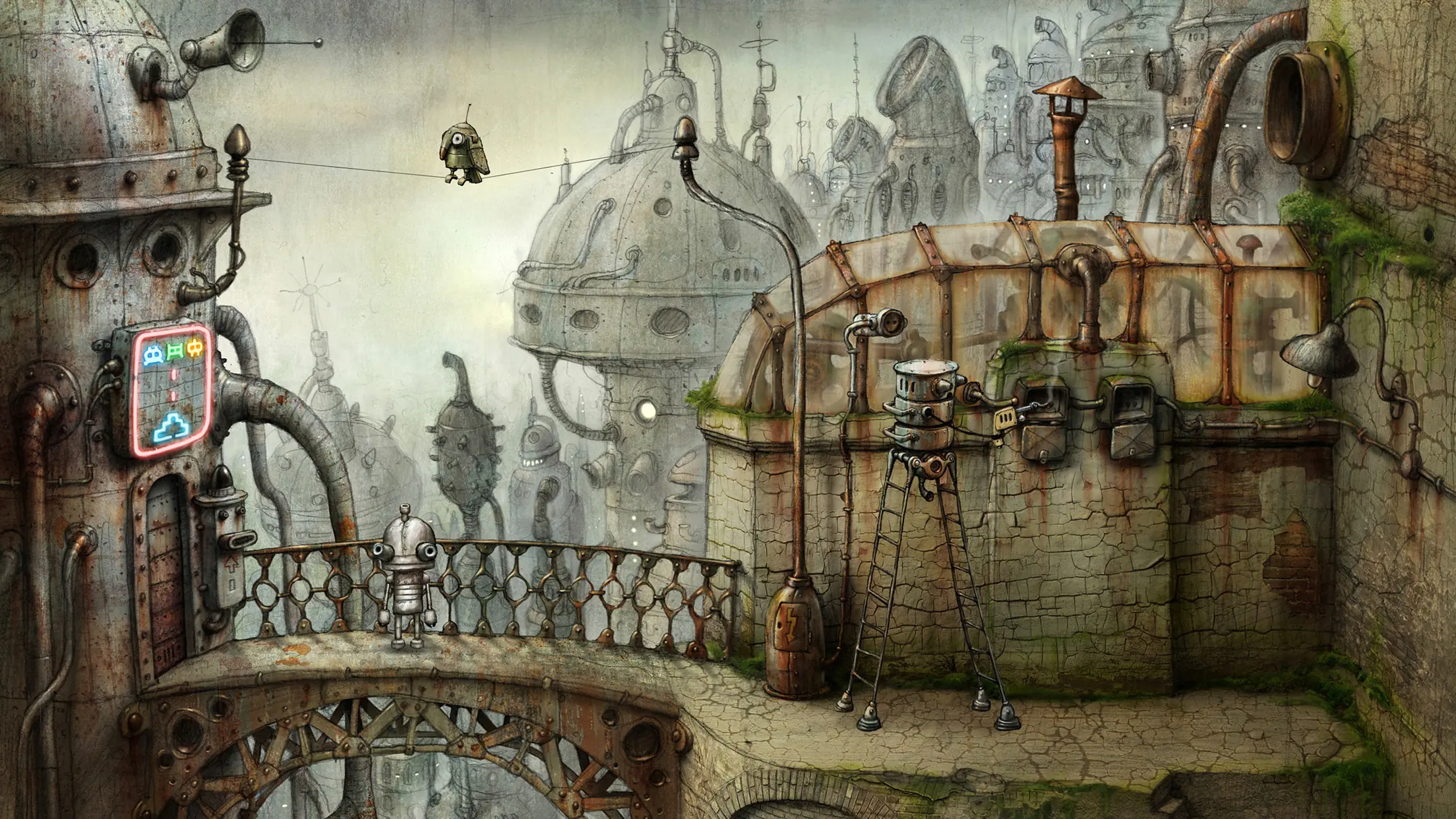Zbliżenie na ręcznie rysowaną, przemysłową teksturę w stylu steampunk z gry Machinarium