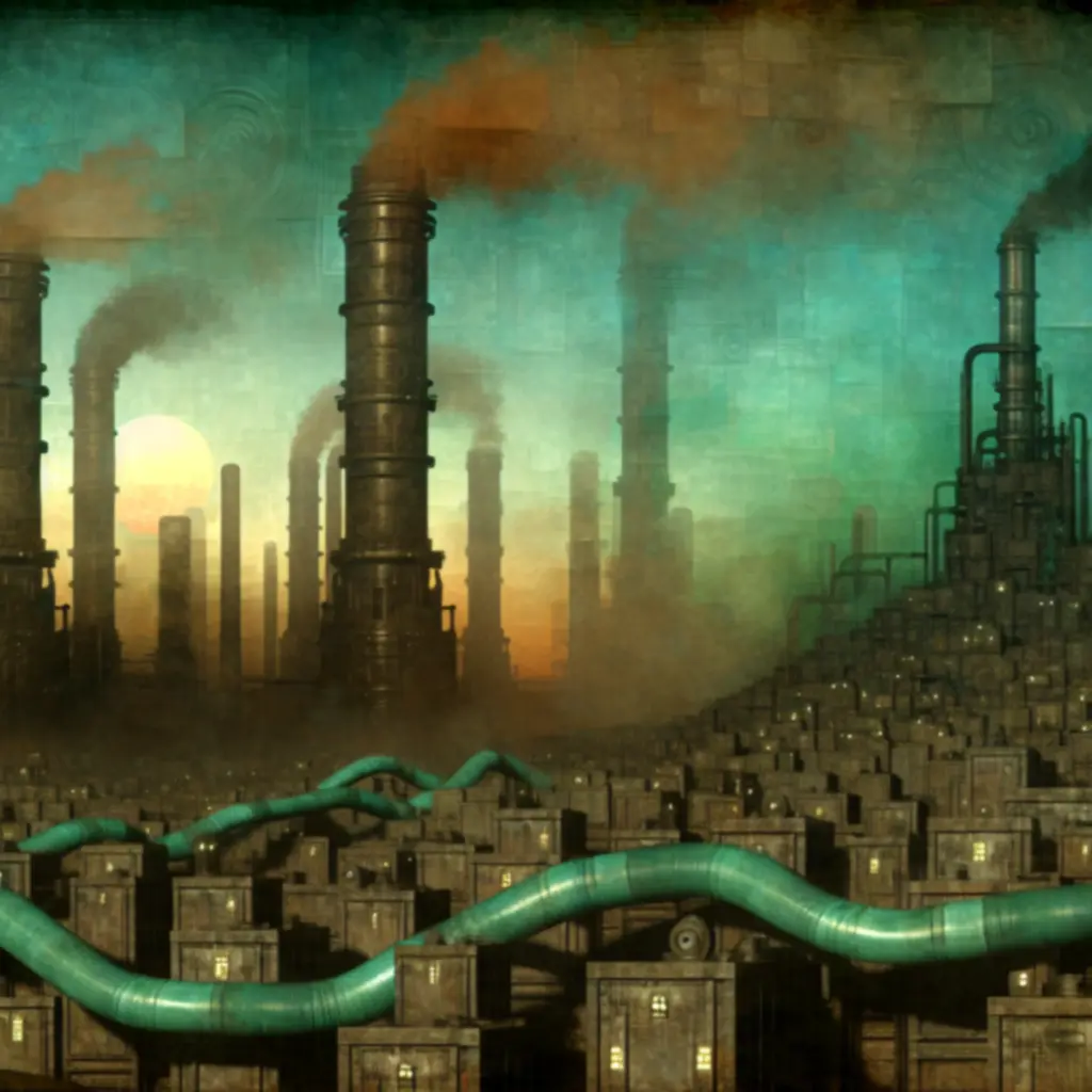 Ręcznie rysowane industrialne miasto robotów z gry Machinarium