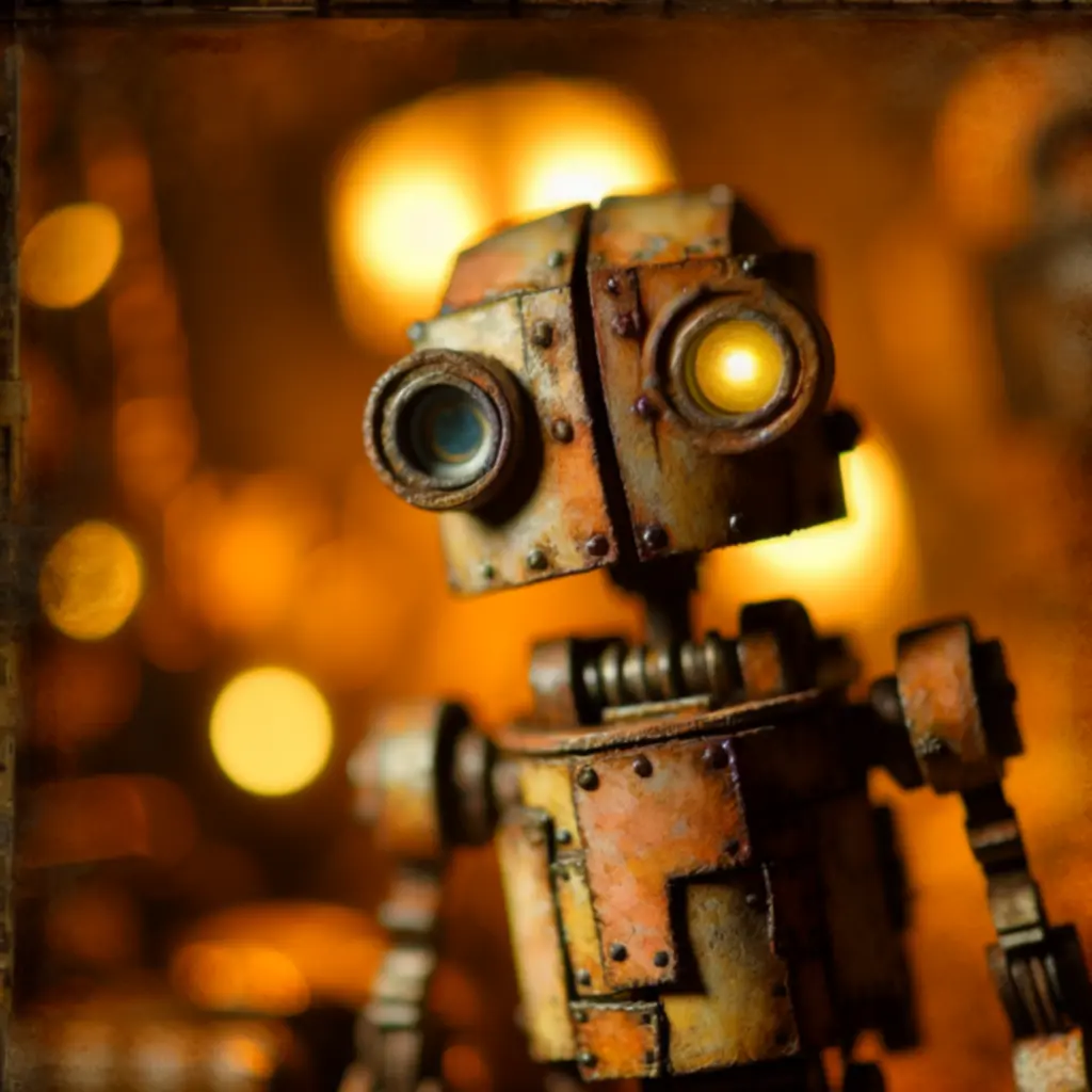 Josef, mały robot stojący w industrialnym mieście Machinarium