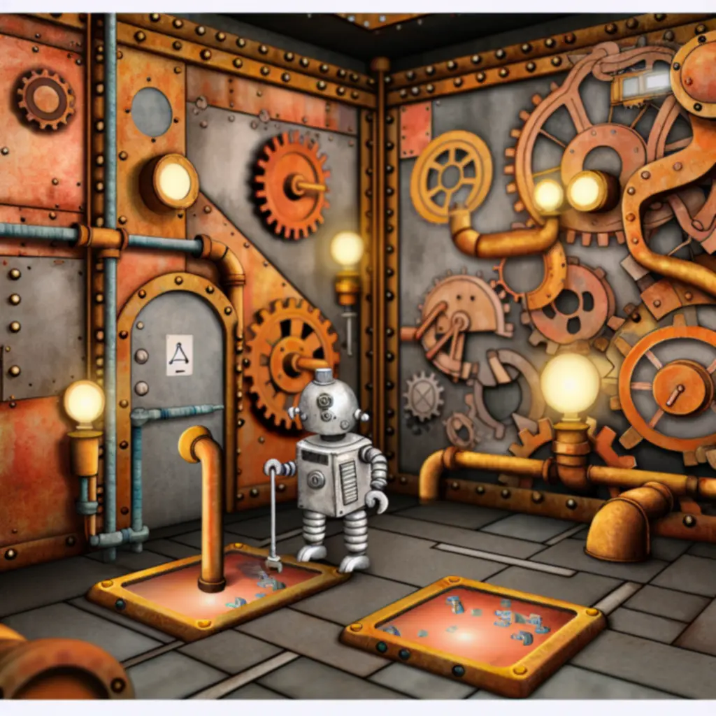 Pokój zagadek w Machinarium z mechanicznymi urządzeniami i robotem Josefem