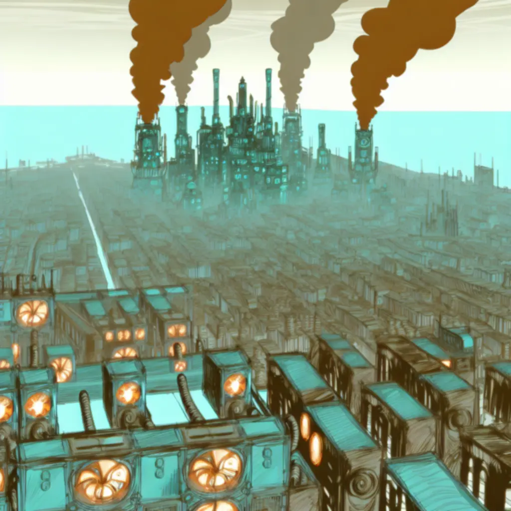 Panorama miasta Machinarium z wieżami i mostami z zardzewiałego metalu