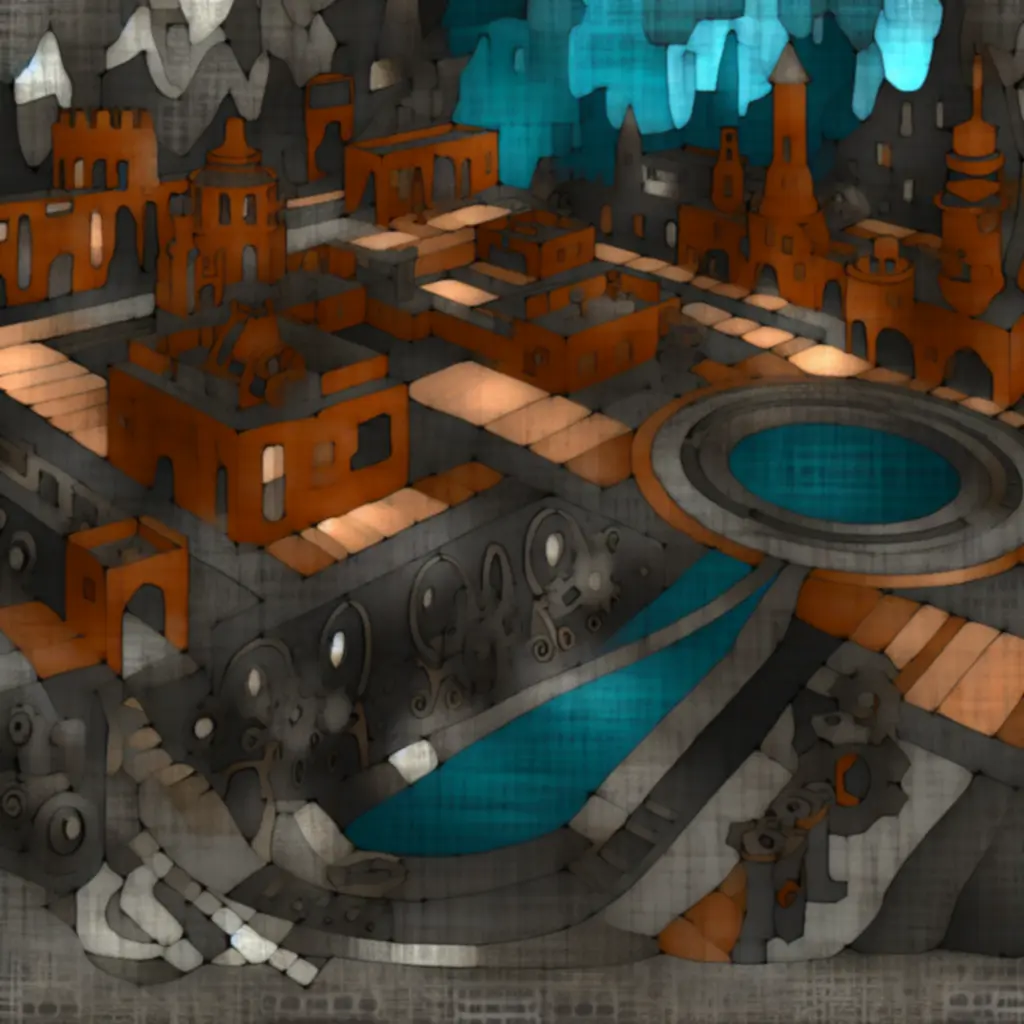 Ręcznie rysowana panorama steampunkowego miasta z rdzewiejącymi budynkami i przemysłowymi konstrukcjami w stylu Machinarium.