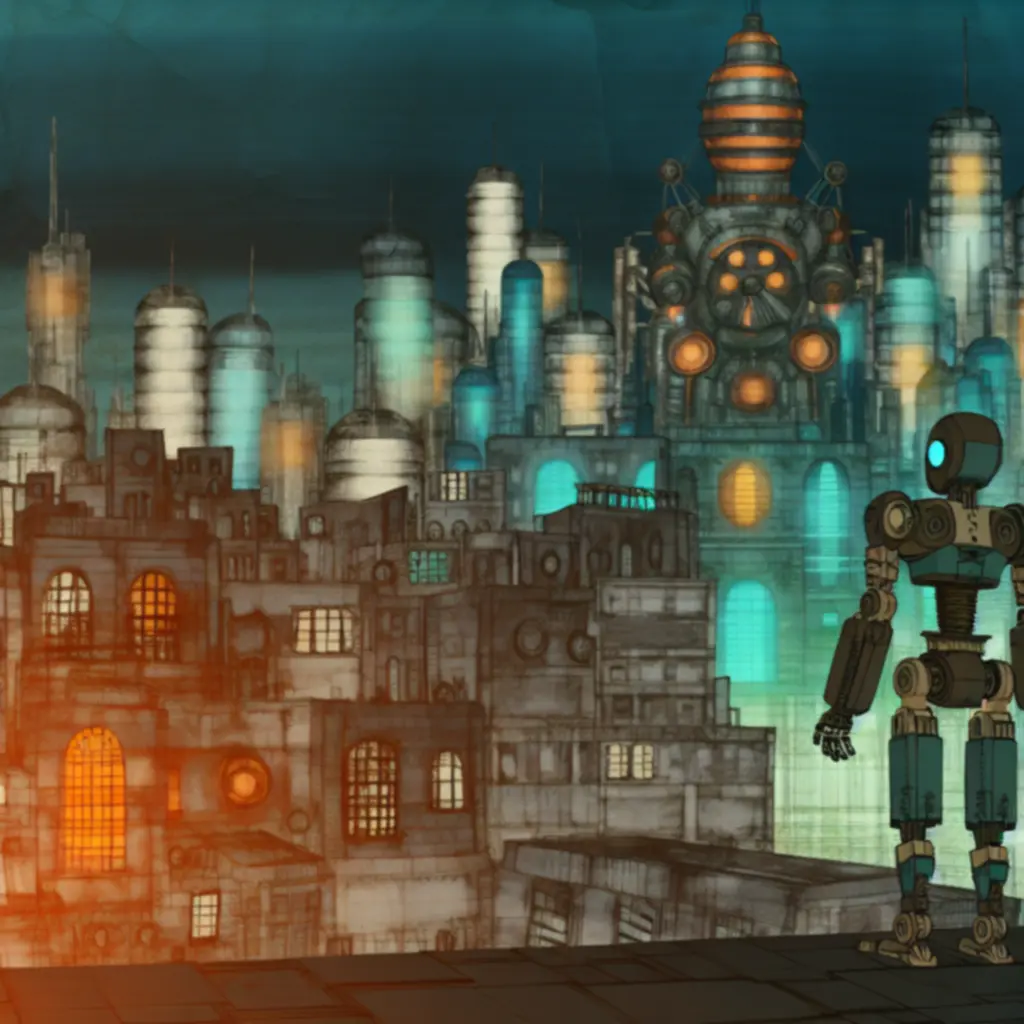 Josef spoglądający na industrialne miasto Machinarium oświetlone ciepłym, steampunkowym światłem