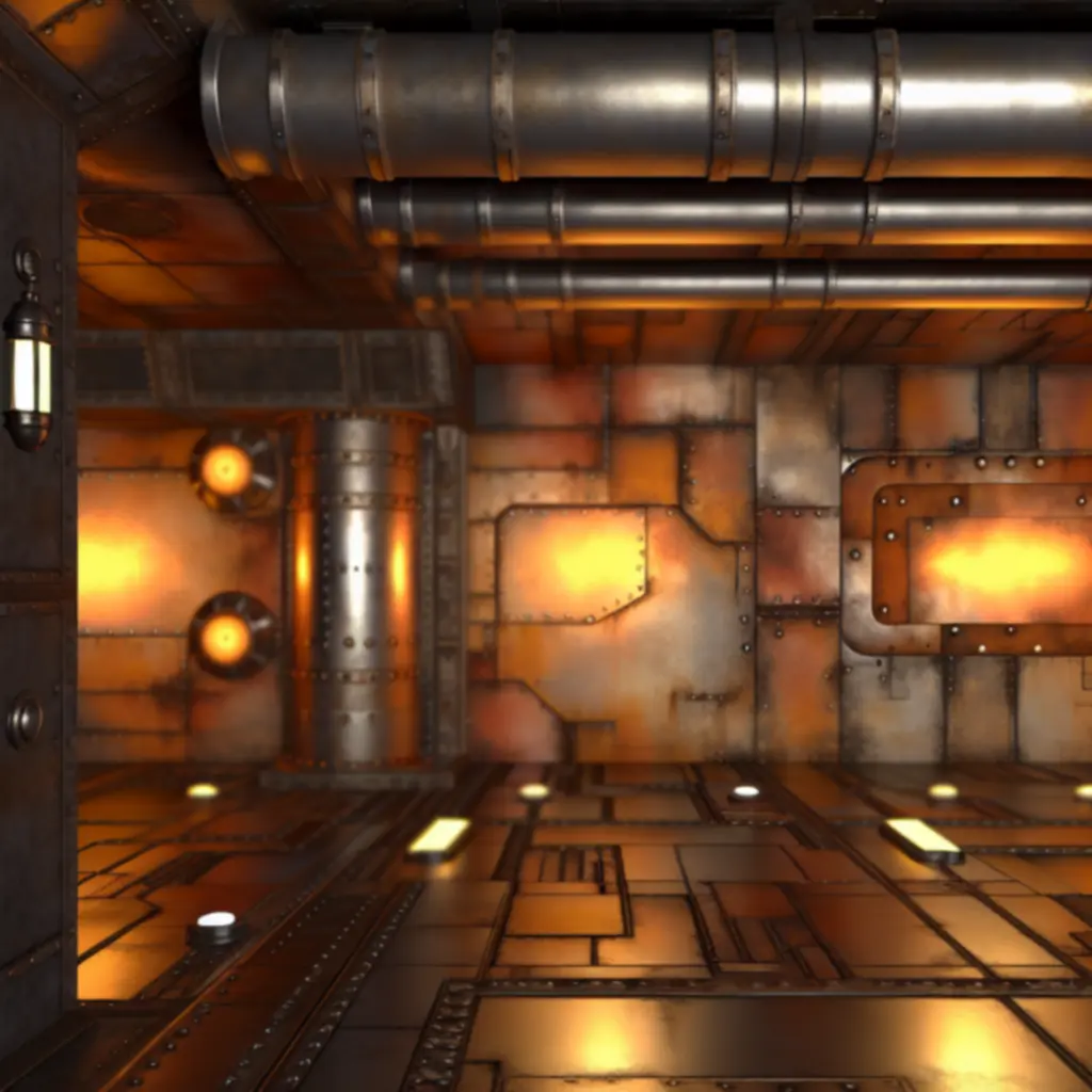 Ręcznie rysowana scena z Machinarium z parą, rurami i ciepłym, filmowym światłem