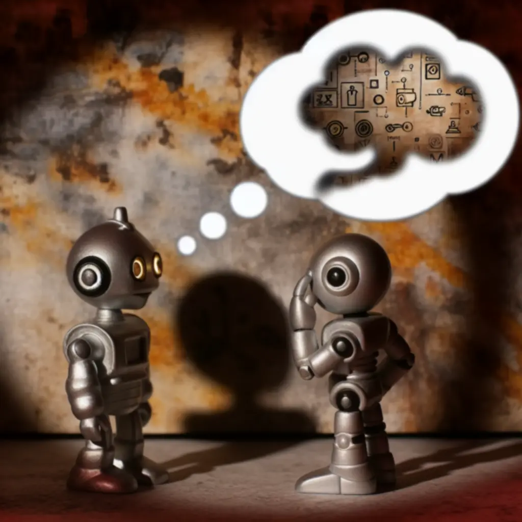 Roboty z gry Machinarium komunikujące się za pomocą rysunkowych dymków myśli i symboli zamiast tekstu.