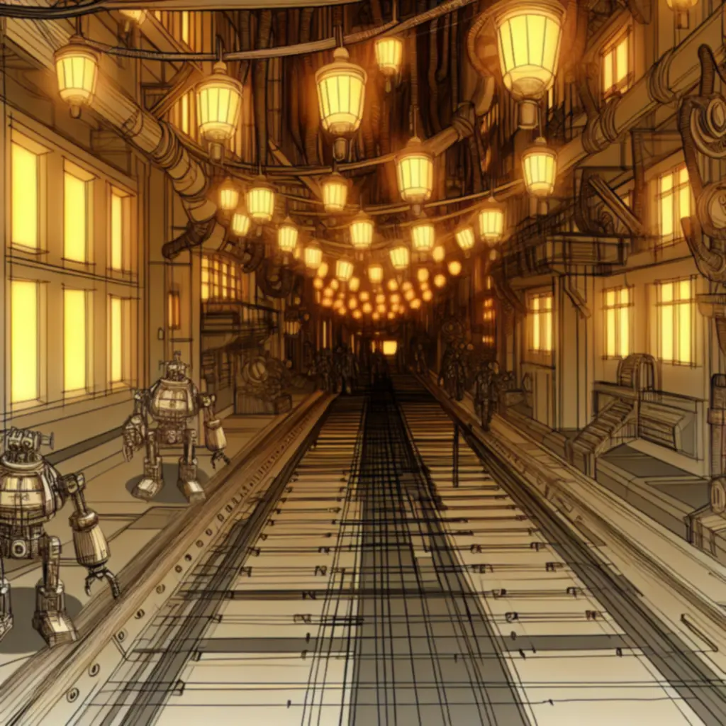 Robotyczna dzielnica Machinarium z rurami, chodnikami i maszynami