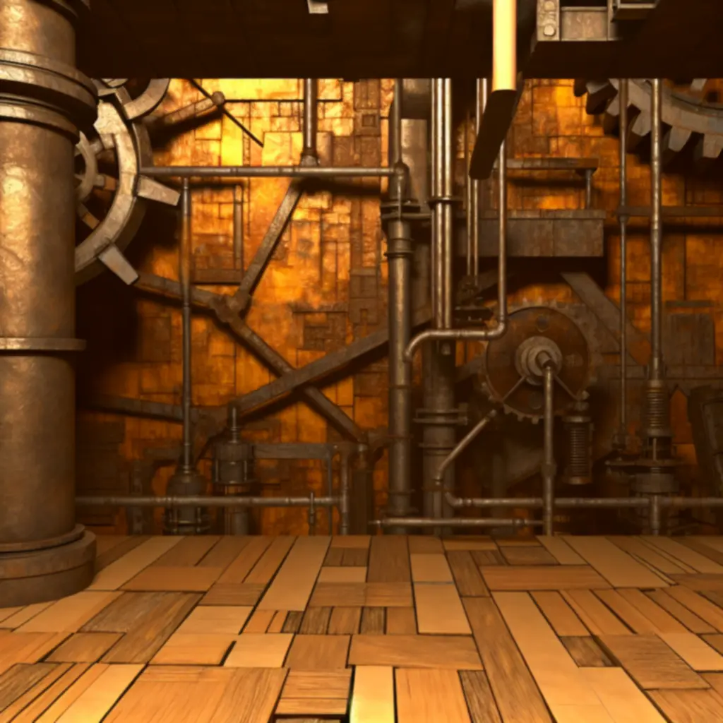 Detal steampunkowego środowiska z rurami, przekładniami i panelami w stylu Machinarium